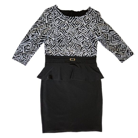 Frank Lyman Design black white mixed media 3/4 sleeve dress sz 10 - Picture 1 of 11